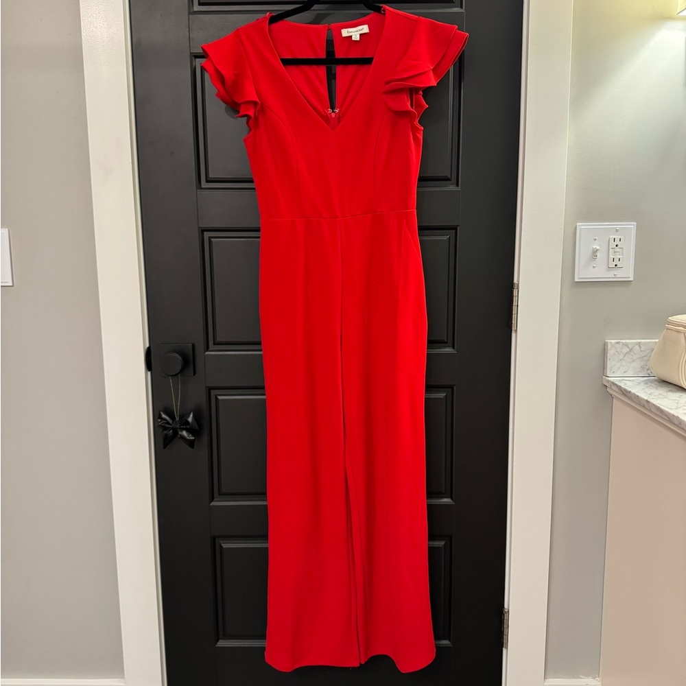 Francesca's Vibrant Red Ruffle Jumpsuit - Picture 2 of 3